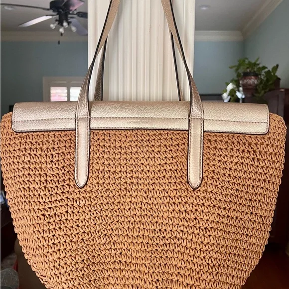 Michael Kors NAOMI Metallic Leather & Straw Tote coastal cowgirl Beach Vacation - Picture 3 of 10